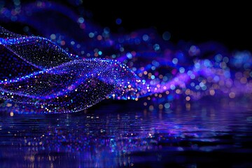 Abstract, flowing design with shimmering particles reflects in rippled water, glowing softly