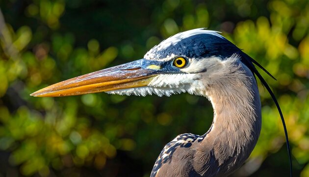 Detailed close-up of a majestic great blue heron head and neck in natural light