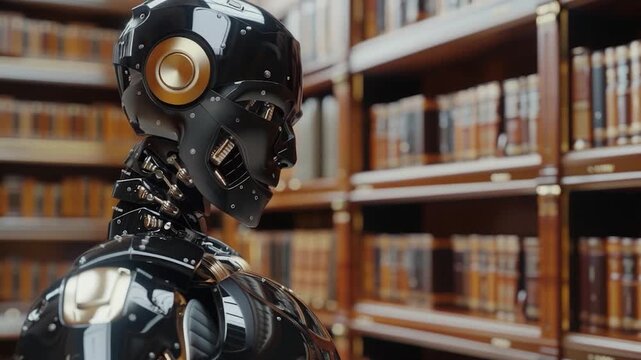 Video A robot stands near a bookshelf filled with books and shelves, suitable for technology or sci-fi themed projects