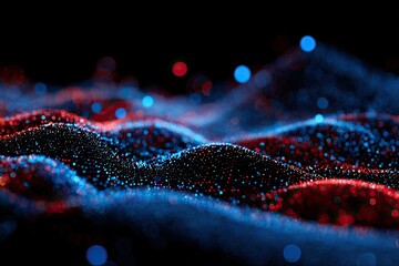 Abstract digital wave formation in dark space, with bokeh effects in blue and red hues