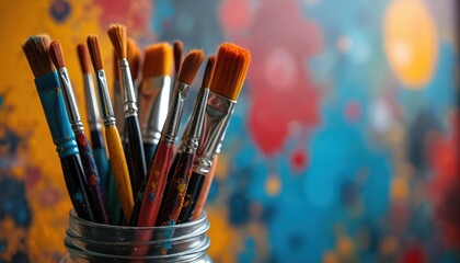 Assorted paint brushes rest in glass jar against vibrant abstract background. Tools show color stains, bristles in focus, ready for creative work. Colorful splatters adorn backdrop.