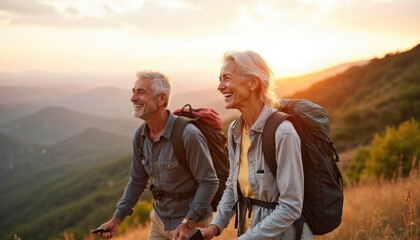 Active senior couple hiking in mountains at sunset. Elderly man and woman with backpacks enjoy scenic view. Happy retired pair travels outdoors on vacation.