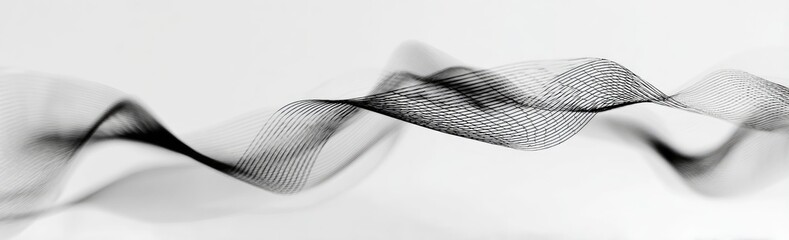 An abstract monochrome image with wavy lines and mesh texture against a white background