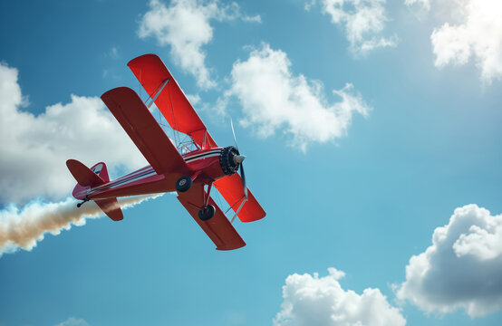Red biplane performs aerobatic stunts in blue sky with white clouds. Smoke trails behind aircraft during airshow. Vintage plane maneuvers with propeller spinning.