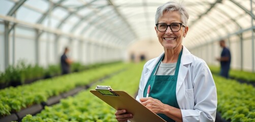 Smiling woman scientist with glasses holds clipboard in greenhouse. She inspects green plants. Agriculture specialist checks crop growth. Farmer works in indoor garden.