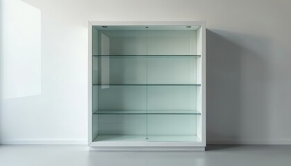 Fototapeta premium White display cabinet with glass shelves against plain wall. Empty modern furniture for retail stores or homes. Minimalist design object for product promotion and presentation.