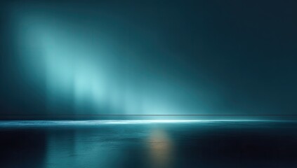 Turquoise backdrop with a polished, reflecting floor, illuminated by vertical light