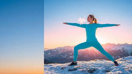 Fototapeta premium A woman practices yoga on a snowy mountain, with the sunrise and the sky in the background, promoting inner peace and mindfulness.