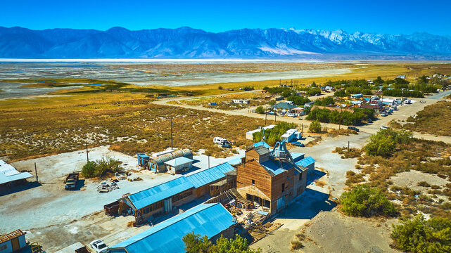 Aerial Remote Desert Town Valley and Mountain Range California United States