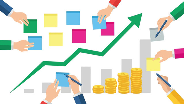 Team collaboration: hands arranging sticky notes and graphs with rising arrow and stacked coins