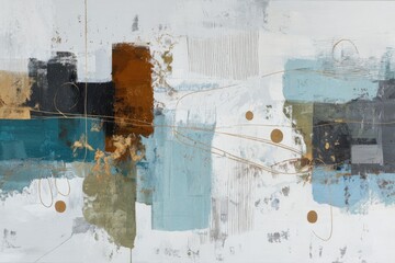 Abstract composition of varied rectangular & circular forms in muted tones, with linear details