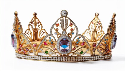 Fototapeta premium elaborate gold crown adorned with diamonds and colorful gemstones isolated on white background