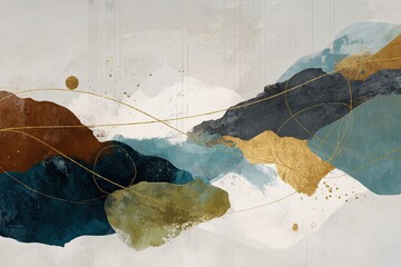 Abstract landscape painting with overlapping shapes in earth tones, blues, and gold accents