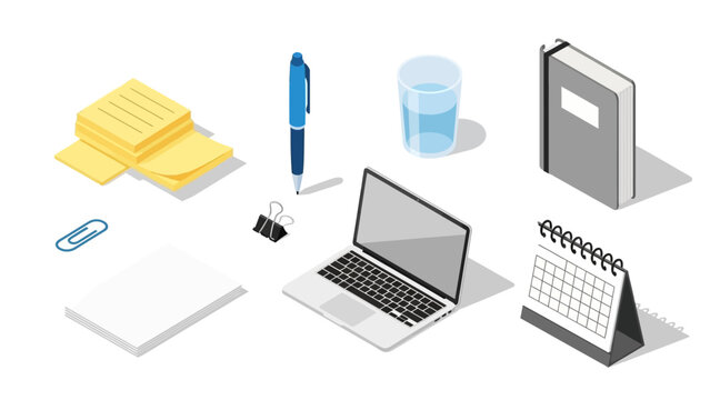 Essential office supplies in isometric style for modern workspaces