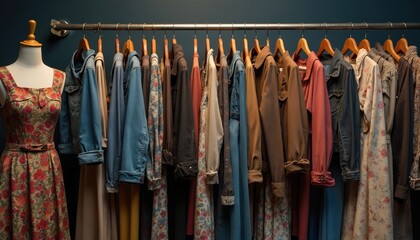 Assorted vintage dresses and jackets on rack. Mannequin shows floral print dress. Retro style clothing collection. Second hand fashion display. Old clothes.