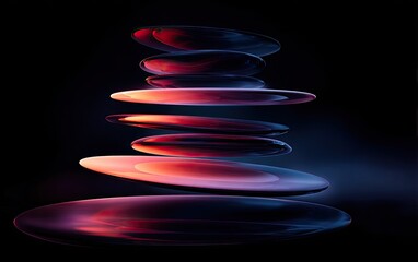 A levitating stack of glowing, reflective, oval-shaped objects against a dark background