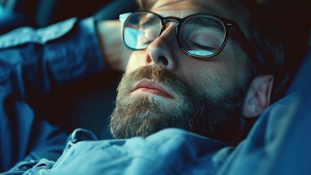 Video A person resting in a vehicle, possibly during a long drive or after a late night out