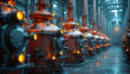 Row of copper distillation stills with glowing orange lights in dimly lit factory. Industrial brewing equipment, large vats, pipes, and gauges set for production.