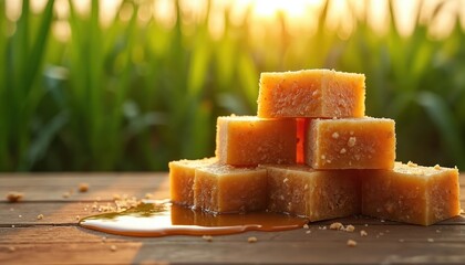 Several jaggery cubes stacked on a wooden table with melted syrup pooling. Blurred green sugarcane stalks and warm sunset light form the background.