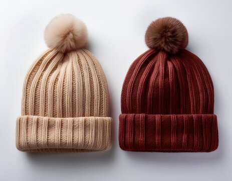 two knitted hats on white background