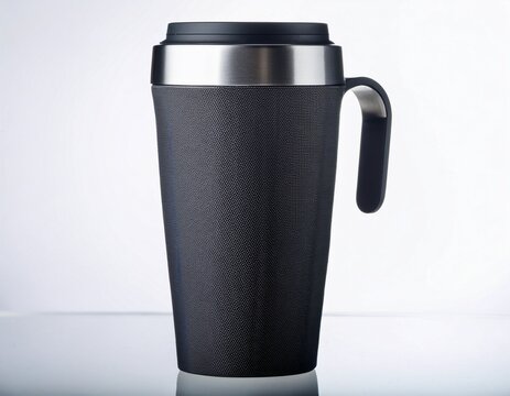 a matte black insulated mug with a silver lid and handle