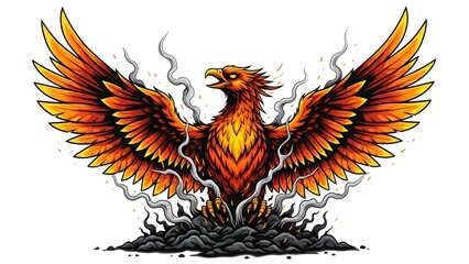 Fototapeta premium The majestic Phoenix bird in full glory, emerging from flames. The illustration shows this mythical creature with its wings spread and smoke around it, signifying rebirth and strength