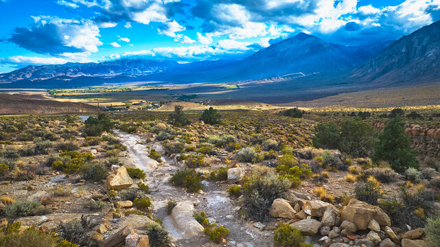 Aerial Wagon Trail Mountain Landscape and Valley in Eastern Sierra California