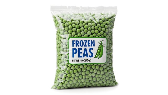 A transparent bag filled with fresh frozen peas
