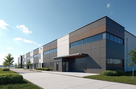 Modern warehouse building with sleek exterior panels, multiple loading bay doors. Features large windows, small office entry, set against bright blue sky with scattered clouds. Landscaping includes