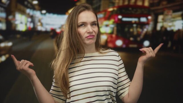 Young caucasian woman shows finger quotation gesture with both hands on bustling street at night; sarcasm.