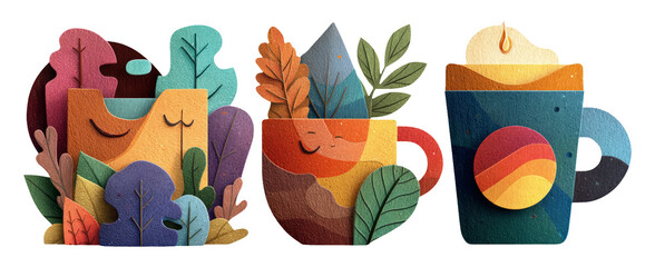 Colorful Minimalist Illustration of Cozy Cups and Nature Elements in Flat Design