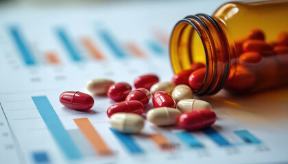 Red and white capsules spill from amber bottle onto financial graph. Pills represent health care costs, business analytics, and medicine research.