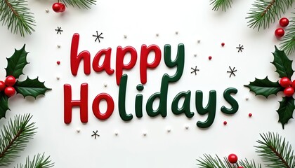 Text message happy Holidays in red and green letters with pine branches and holly berries. White background with scattered white and red beads, and black snowflake shapes.