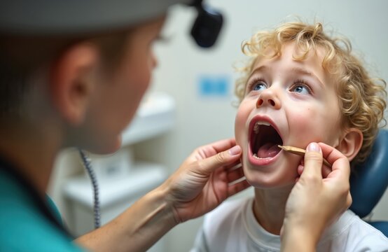 Doctor examines young boy throat with wooden stick in clinic. Child opens mouth wide for medical checkup. Paediatrician inspects tonsils, adenoids for illness.