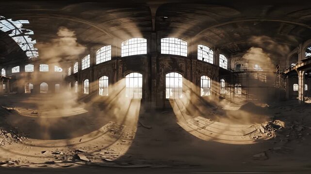 360 View: Sun Shining Through Dust Filled Abandoned Warehouse Interior