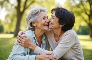Fototapeta premium Two senior women share tender moment with cheek kiss outdoors in park. They embrace warmly with smiles, showing affection and close friendship in natural setting surrounded by trees and green grass.