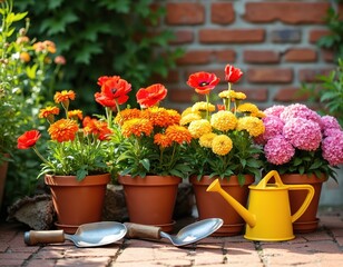 Row of potted flowers including poppies, marigolds, hydrangeas in garden setting. Tools for gardening, trowel, watering, placed nearby. Sunny weather illuminates scene, vibrant colors of blooms,