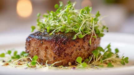 Gourmet pan seared beef filet mignon steak topped with fresh green microgreens and sprouts served with a creamy sauce in a fine dining restaurant setting for culinary menu and food blog photography