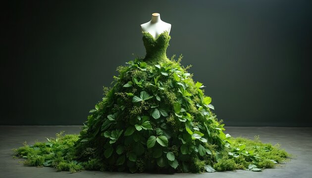 Green dress made of fresh leaves and plants displayed on a mannequin. Features a full skirt adorned with rich foliage and small flowers, emphasizing eco fashion and natural beauty.