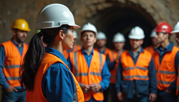 Female engineer in hard hat leads team underground. Workers wear orange vests, listen to safety instructions in dark tunnel. Diverse crew in industrial setting, focus on collaboration, mining