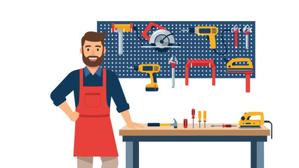 Handyman in workshop with tools on pegboard and workbench in flat