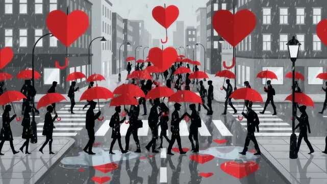 Silhouetted People Crossing Street Holding Red Heart Umbrellas in Rain