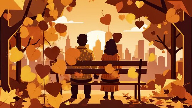 Loving Couple Sitting on Bench Watching Autumn Leaves Fall in Park