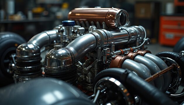 Polished metal engine V8 detail in workshop. Chrome pipes, copper accents, engine block, exhaust manifold, tires. Automotive mechanics, custom car build, restoration project.