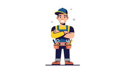 Smiling cartoon handyman in uniform with tool belt