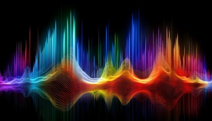 a vibrant digital representation of sound waves showcasing an array of colors and vertical lines against a black background