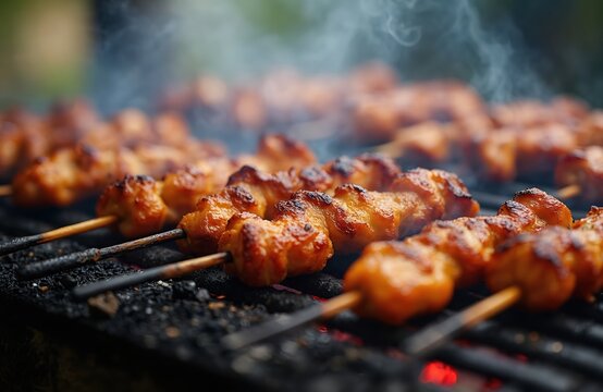 Chicken skewers grill over hot coals outdoors. Juicy meat cooks on sticks, releasing savory smoke. Popular Indonesian street food, perfect for culinary blogs and food magazines.
