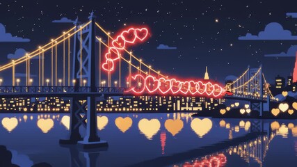 Red Car Driving Over Bridge With Hearts in Night Cartoon Style
