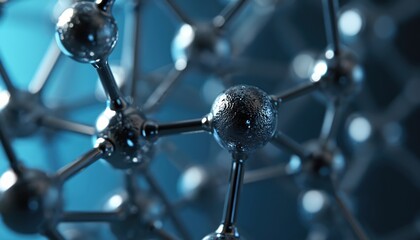 Metallic atom molecular structure with interconnected bonds. Microscopic research, science, and tech network model. Abstract molecular linkage, close-up scientific detail.