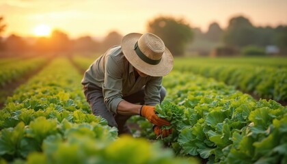Farmer harvests fresh lettuce in field at sunrise. Person wears hat gloves collecting green crop. Healthy food cultivation on rural farm, organic produce growth.